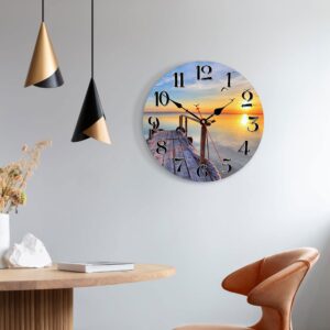 VIKMARI 14 Inch Silent Non-Ticking Wooden Round Wall Clock Big Arabic Numerals Wall Clocks Sunset by The Sea Beach Pattern Clock Battery Operated Home Decor Hanging Clocks