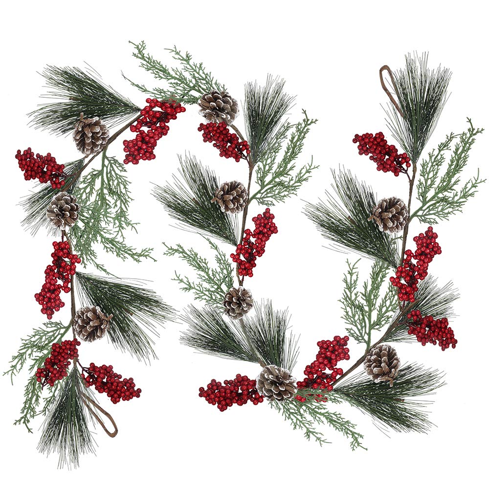 6.6 feet Artificial Christmas Pine Garland with Berries Pinecones Cypress Winter Greenery Garland for Holiday Season Mantel Fireplace Table Runner Centerpiece Decoration