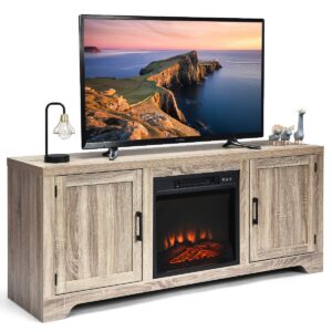 tangkula 65" tv stand, storage cabinet console, television console, media component tv stand with adjustable shelves. suitable for 18" x 17" fireplace (not included) (grey)