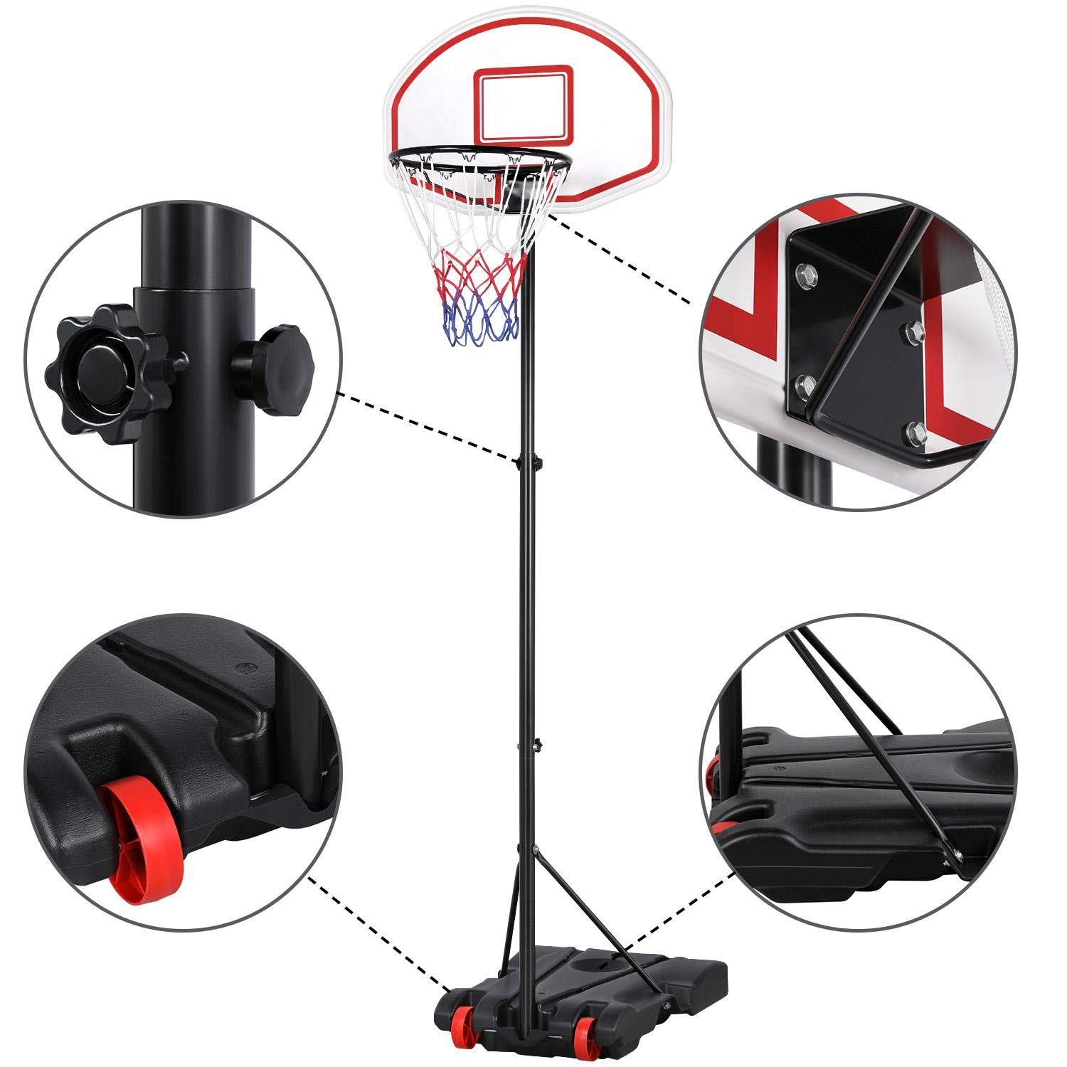 Yaheetech Portable Basketball Hoop Stand Backboard System Height Adjustable 5.2-7 ft Basketball Goal Indoor Outdoor with Wheels Red