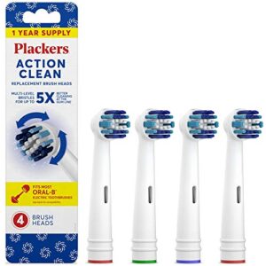 plackers action clean replacement brush heads, 1 year supply (fits most oral-b electric toothbrushes), 4 count