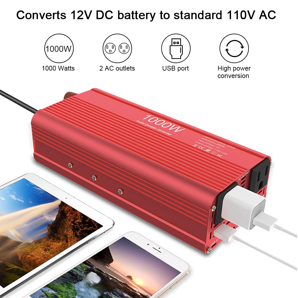 Suuonee Car, EBTOOLS 1000W /2000W Inverter 12V DC to 110V AC Car Converter with 2 AC Out