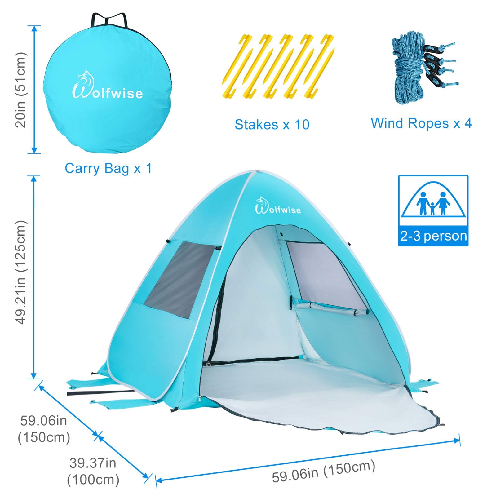 WolfWise UPF 50+ Easy Pop Up Beach Tent Sun Shelter Instant Automatic Portable Sport Umbrella Indoor Playhouse Canopy Cabana