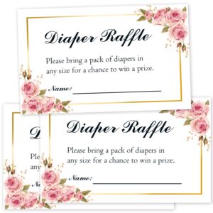 50 floral diaper raffle tickets for baby shower, pink floral diaper raffle ticket lottery insert cards, bring a pack of diapers to win favors, baby shower games for girls.