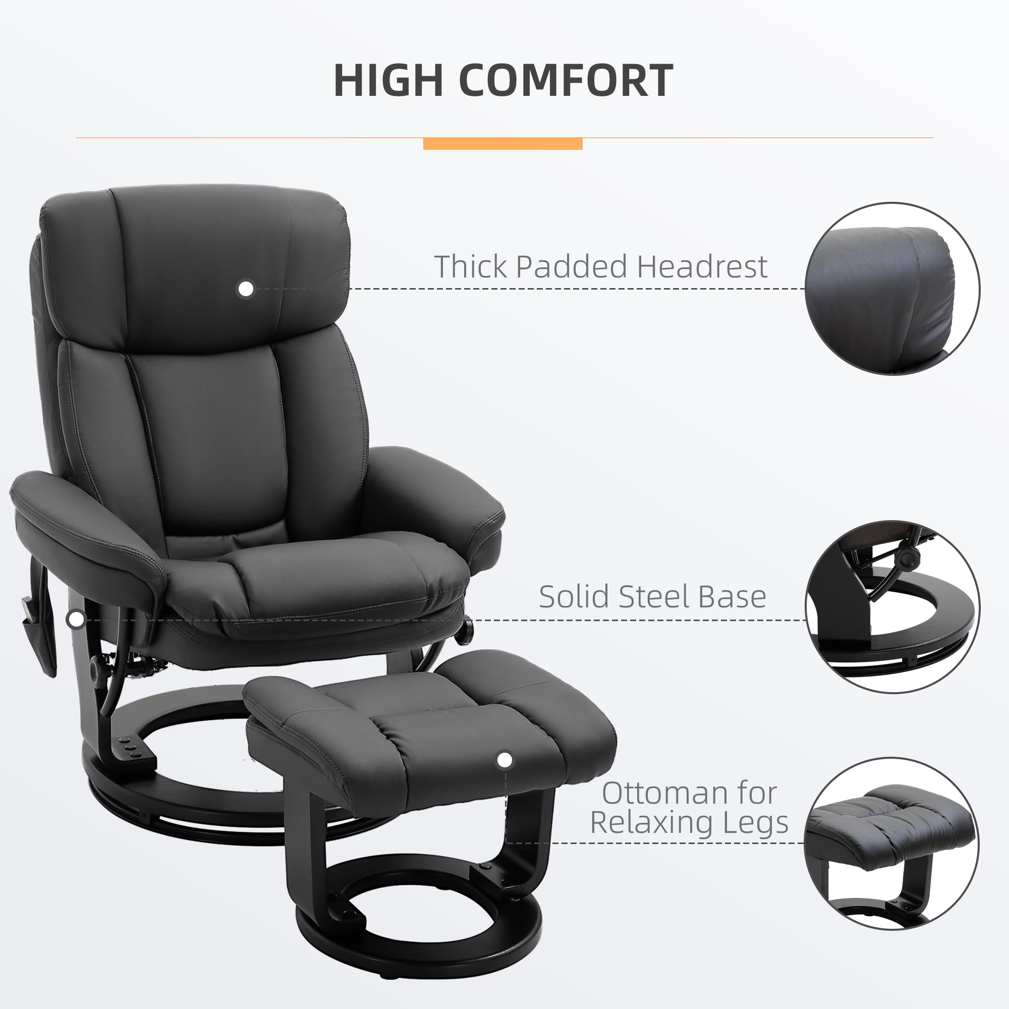 HOMCOM PU Leather Massage Recliner Chair with Ottoman 10 Point Vibration Swiveling Armchair, Black