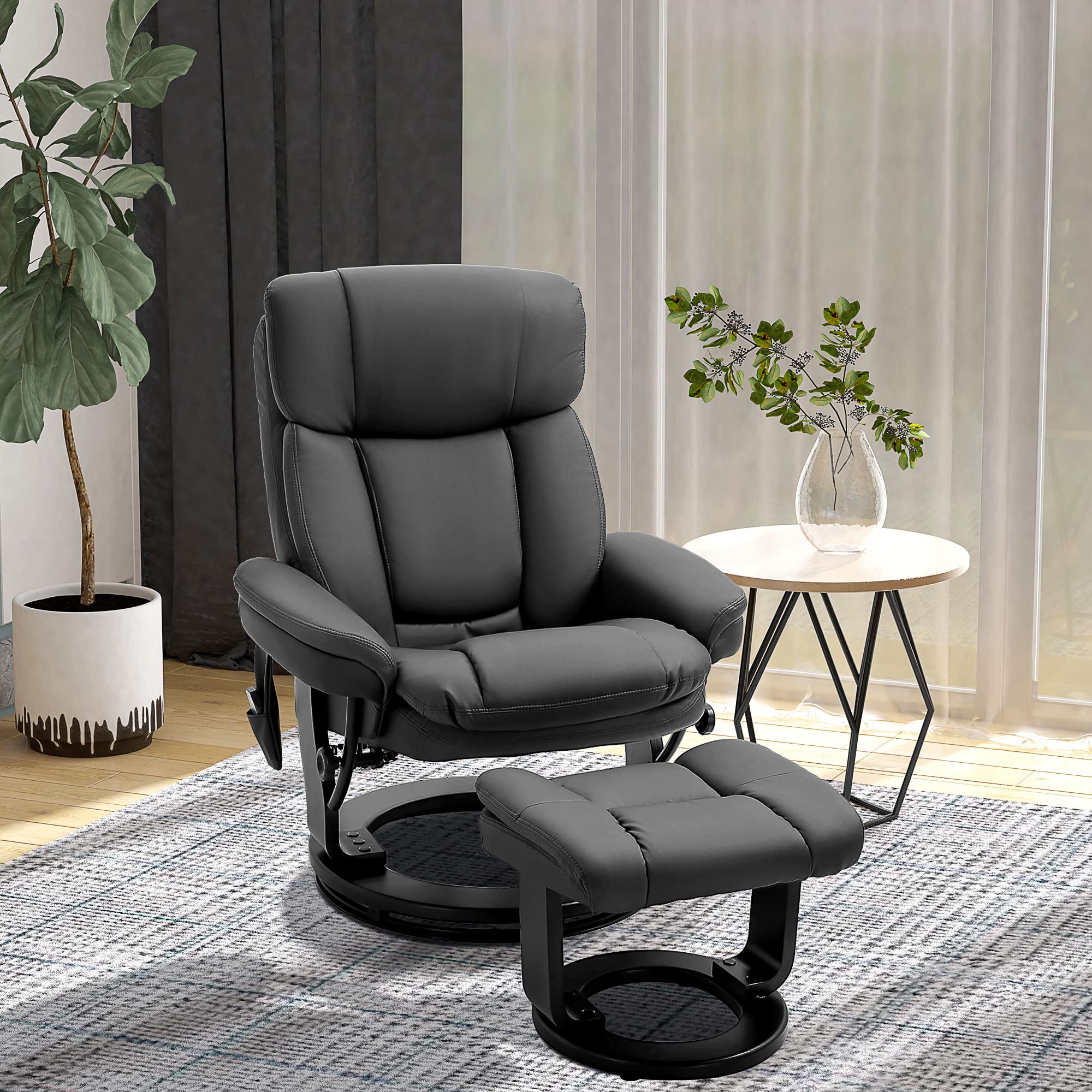 HOMCOM PU Leather Massage Recliner Chair with Ottoman 10 Point Vibration Swiveling Armchair, Black