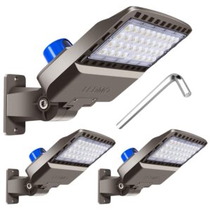 ledmo led parking lot light dusk to dawn outdoor lighting with adjustable arm mount 19500lm waterproof wall light fixtures 150w flood security lights for garage yard shop warehouse barn(3 pack)