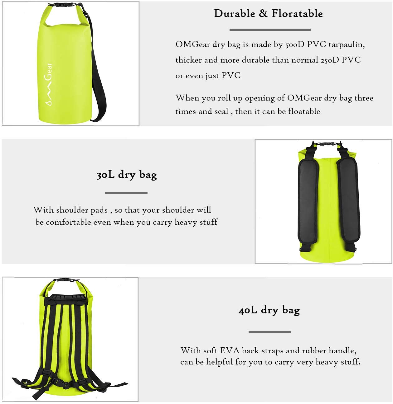 OMGear Waterproof Dry Bag Backpack Waterproof Phone Pouch 40L/30L/20L/10L/5L Floating Dry Sack for Kayaking Boating Sailing Canoeing Rafting Hiking Camping Outdoors Activities (Bright Yellow,20L)