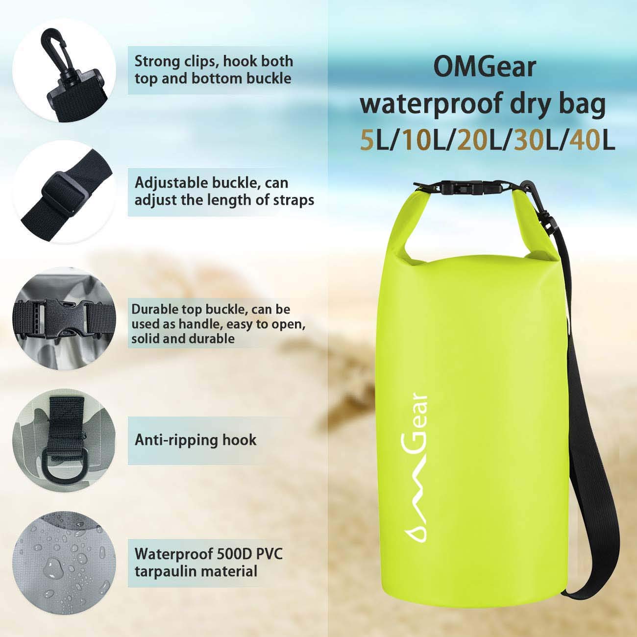 OMGear Waterproof Dry Bag Backpack Waterproof Phone Pouch 40L/30L/20L/10L/5L Floating Dry Sack for Kayaking Boating Sailing Canoeing Rafting Hiking Camping Outdoors Activities (Bright Yellow,20L)