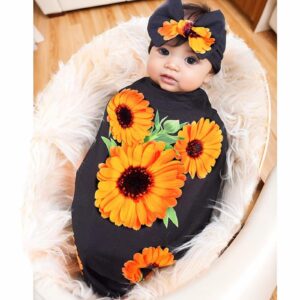 Galabloomer Newborn Receiving Blanket Headband Set Flower Print Baby Swaddle Receiving Blankets Sunflower