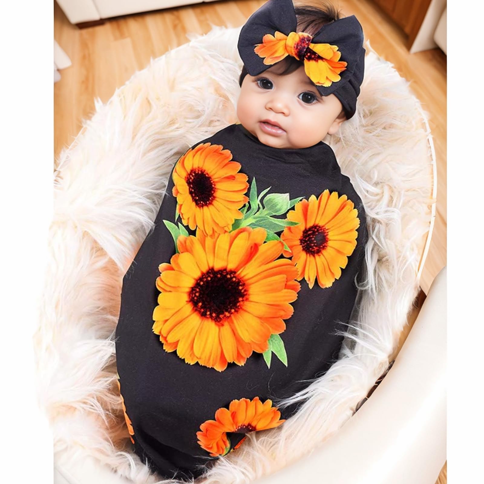 Galabloomer Newborn Receiving Blanket Headband Set Flower Print Baby Swaddle Receiving Blankets Sunflower