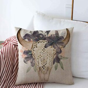 pillow case danger floral watercolor bulls head flowers buffalo feathers skull cow desert drawing mexican steer farmhouse decorative throw pillows covers 18"x18" for winter decorations