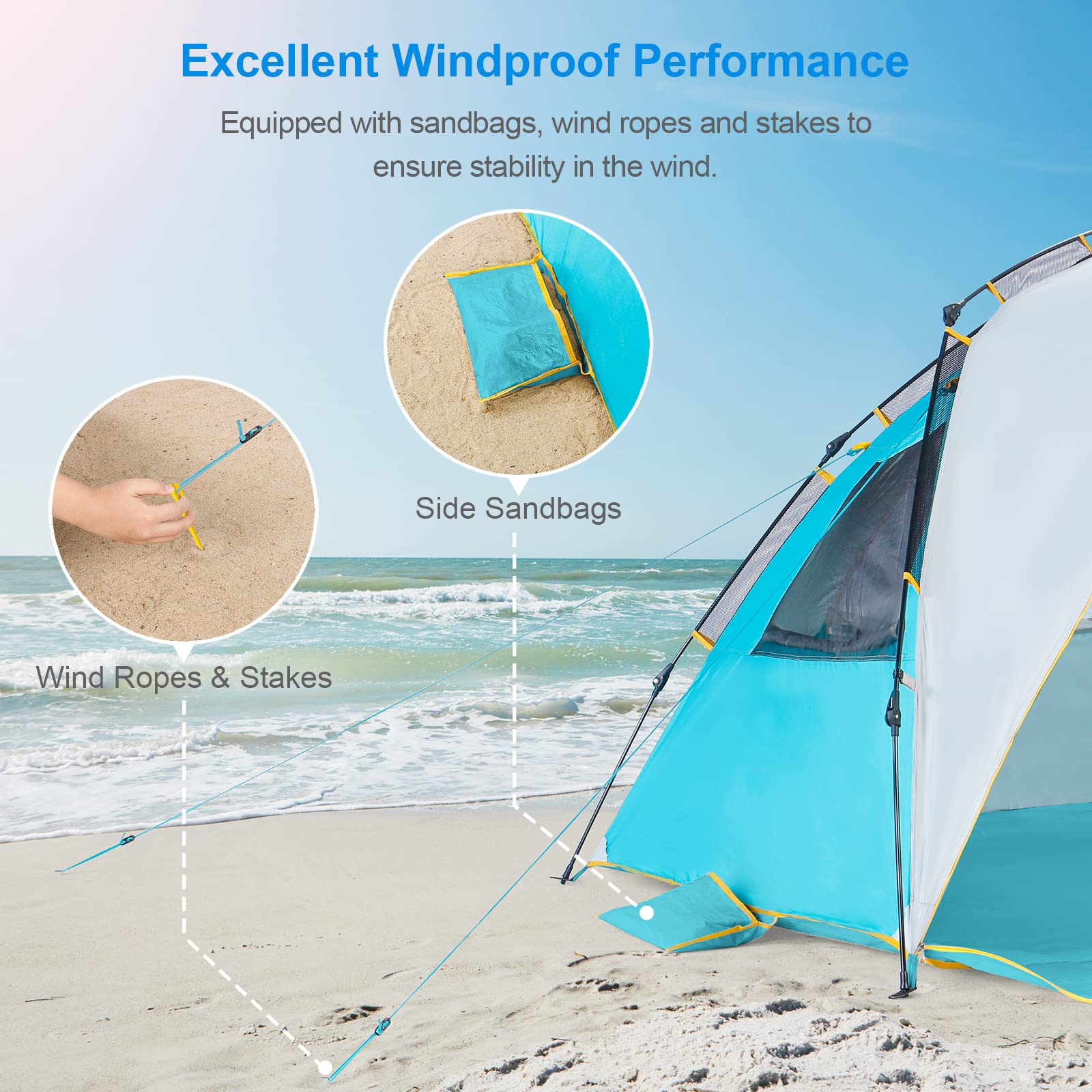 WolfWise 4-5 Person Easy Up Beach Tent UPF 50+ Portable Instant Sun Shelter Canopy Umbrella with Extended Zippered Porch