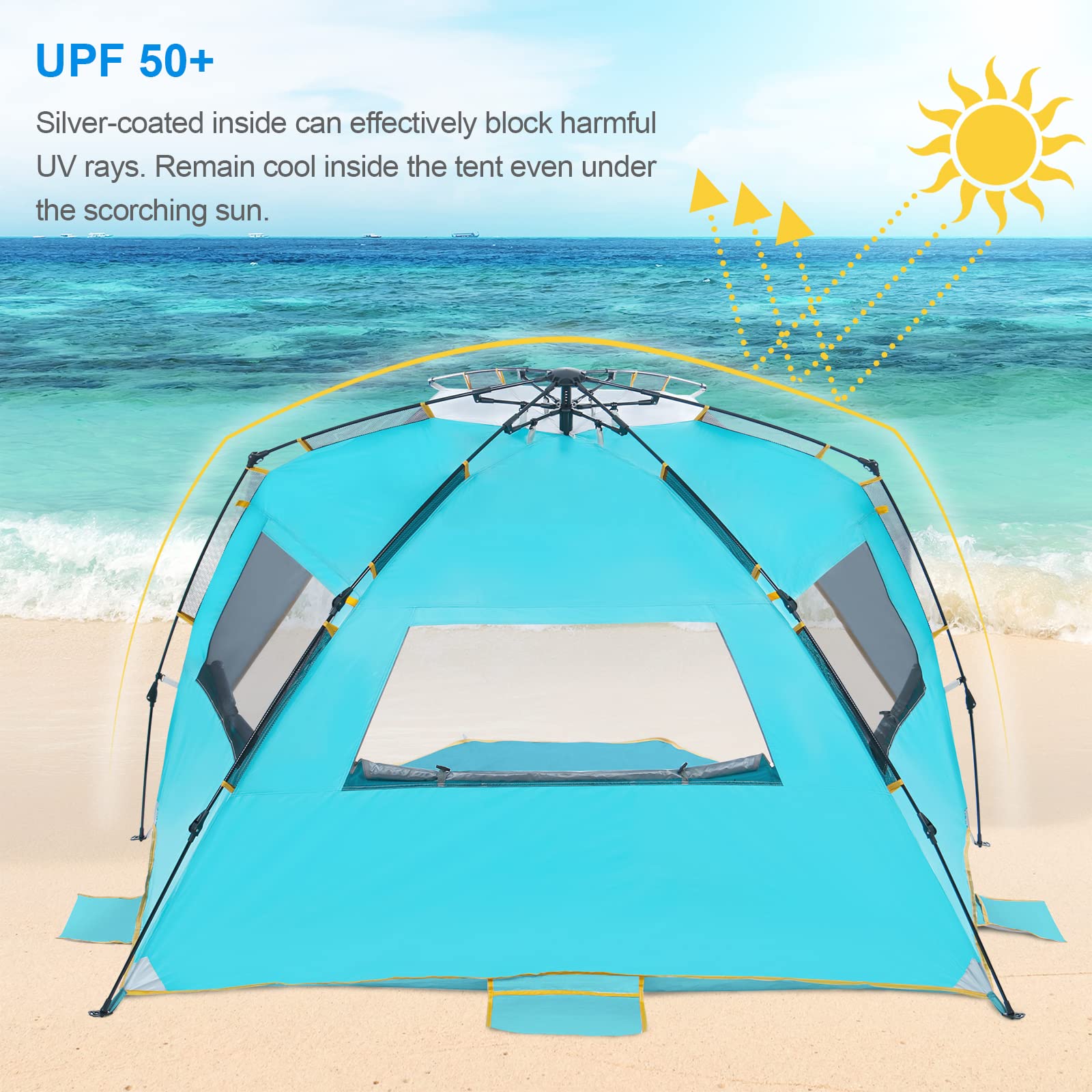 WolfWise 4-5 Person Easy Up Beach Tent UPF 50+ Portable Instant Sun Shelter Canopy Umbrella with Extended Zippered Porch