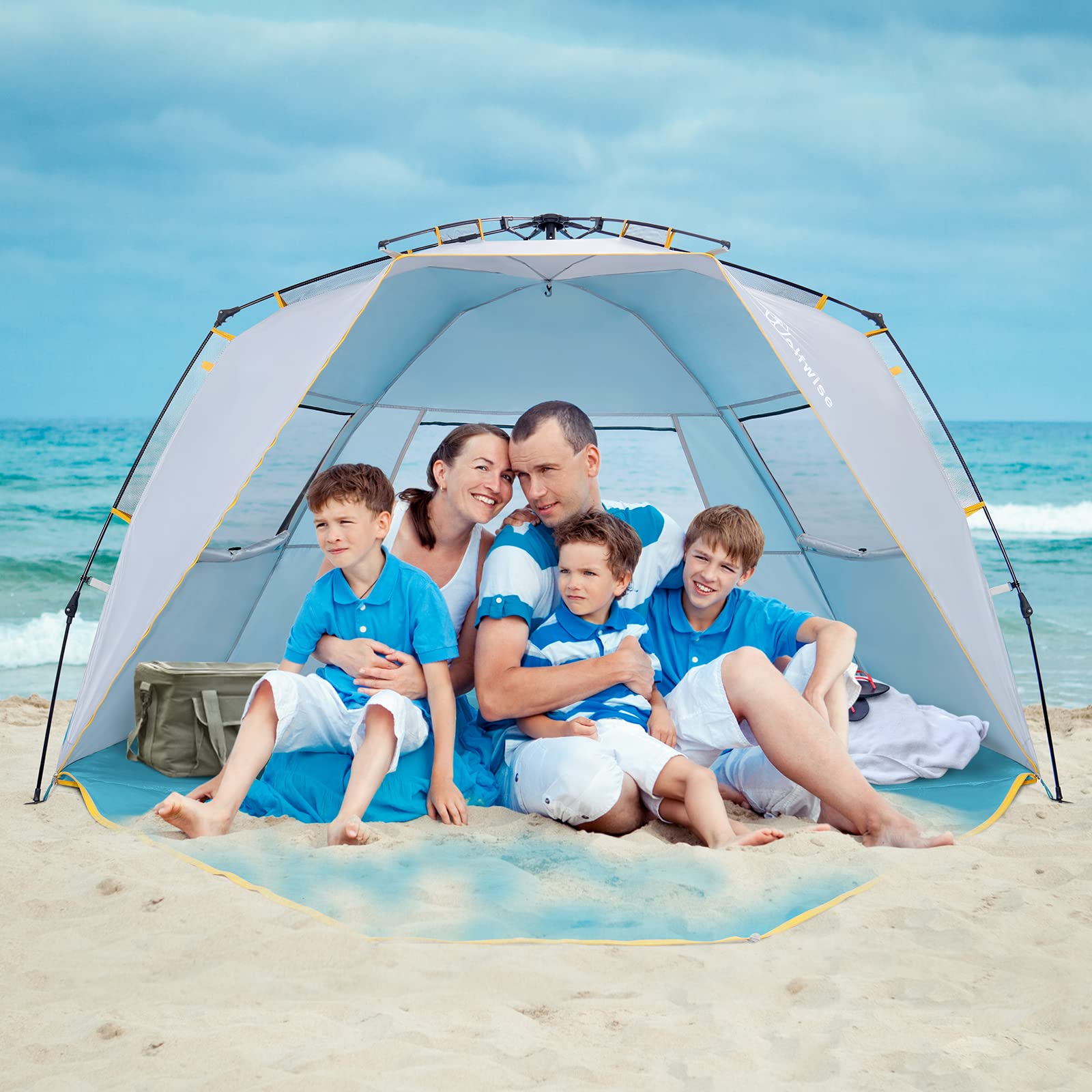 WolfWise 4-5 Person Easy Up Beach Tent UPF 50+ Portable Instant Sun Shelter Canopy Umbrella with Extended Zippered Porch