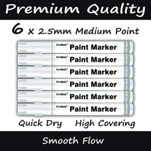 White Paint Pens, 6 Pack 2.5mm Medium Tip White Paint Marker Permanent for Wood Rock Plastic Leather Glass Stone Metal Canvas Ceramic Fabric Tire Paint Marker Oil Based