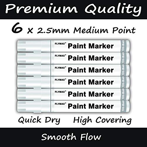 White Paint Pens, 6 Pack 2.5mm Medium Tip White Paint Marker Permanent for Wood Rock Plastic Leather Glass Stone Metal Canvas Ceramic Fabric Tire Paint Marker Oil Based