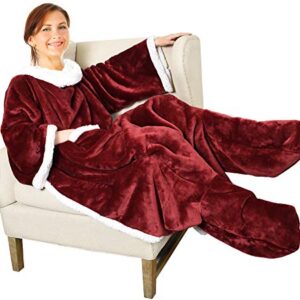 Catalonia Sherpa Wearable Blanket with Sleeves & Foot Pockets for Adult Women Men, Comfy Snuggle Wrap Sleeved Throw Blanket Robe, Gift Idea, Wine