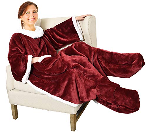 Catalonia Sherpa Wearable Blanket with Sleeves & Foot Pockets for Adult Women Men, Comfy Snuggle Wrap Sleeved Throw Blanket Robe, Gift Idea, Wine