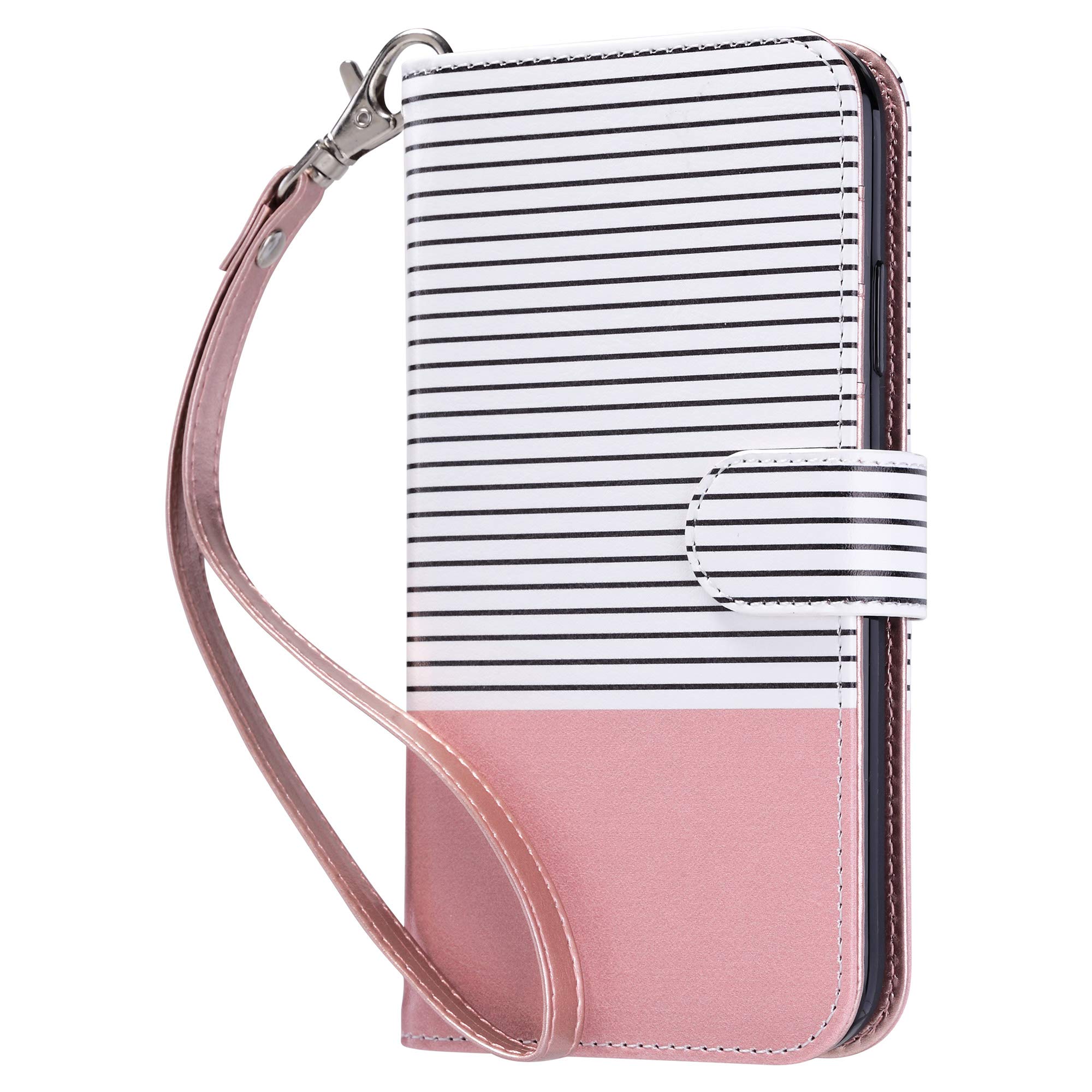 ULAK Compatible with iPhone 11 Wallet Case with Card Holder, PU Leather Flip Cover with Kickstand Magnetic Closure, TPU Shockproof Interior Protective Case for iPhone 11 6.1 Inch, Pink Stripes