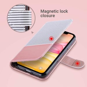 ULAK Compatible with iPhone 11 Wallet Case with Card Holder, PU Leather Flip Cover with Kickstand Magnetic Closure, TPU Shockproof Interior Protective Case for iPhone 11 6.1 Inch, Pink Stripes