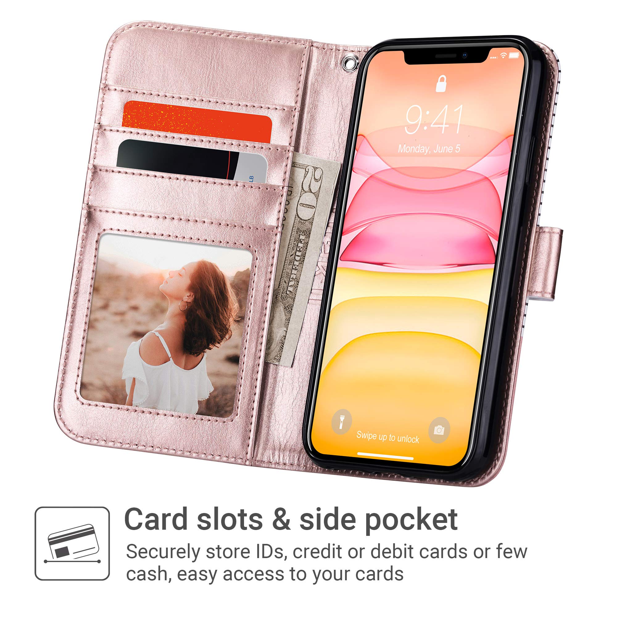 ULAK Compatible with iPhone 11 Wallet Case with Card Holder, PU Leather Flip Cover with Kickstand Magnetic Closure, TPU Shockproof Interior Protective Case for iPhone 11 6.1 Inch, Pink Stripes