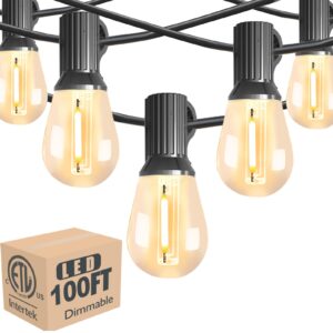 lightdot 100ft outdoor string lights, led bistro string lights with shatterproof st38 vintage bulbs, 2200k dimmable, waterproof hanging lights for porch, deck, garden, backyard, balcony