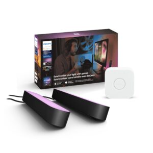 philips hue play starter kit two black hue play light bars, hue hub, and power supply, compatible with alexa