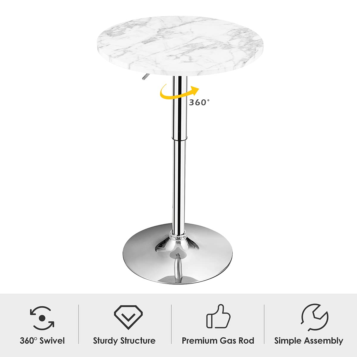 Giantex Round Pub Table Height Adjustable, 360° Swivel Cocktail Pub Table with Sliver Leg and Base for Home, Bar Table (White)