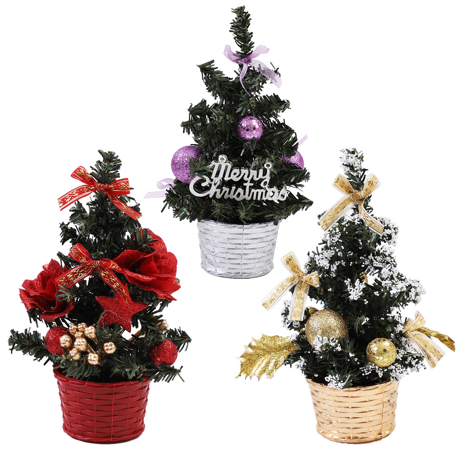 URATOT 3 Pack Small Christmas Desk Tree Mini Christmas Tree with Base for Desk Table Tops Christmas Decoration