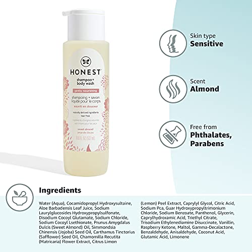 The Honest Company 2-in-1 Cleansing Shampoo + Body Wash | Gentle for Baby | Naturally Derived, Tear-free, Hypoallergenic | Sweet Almond Nourish, 18 fl oz