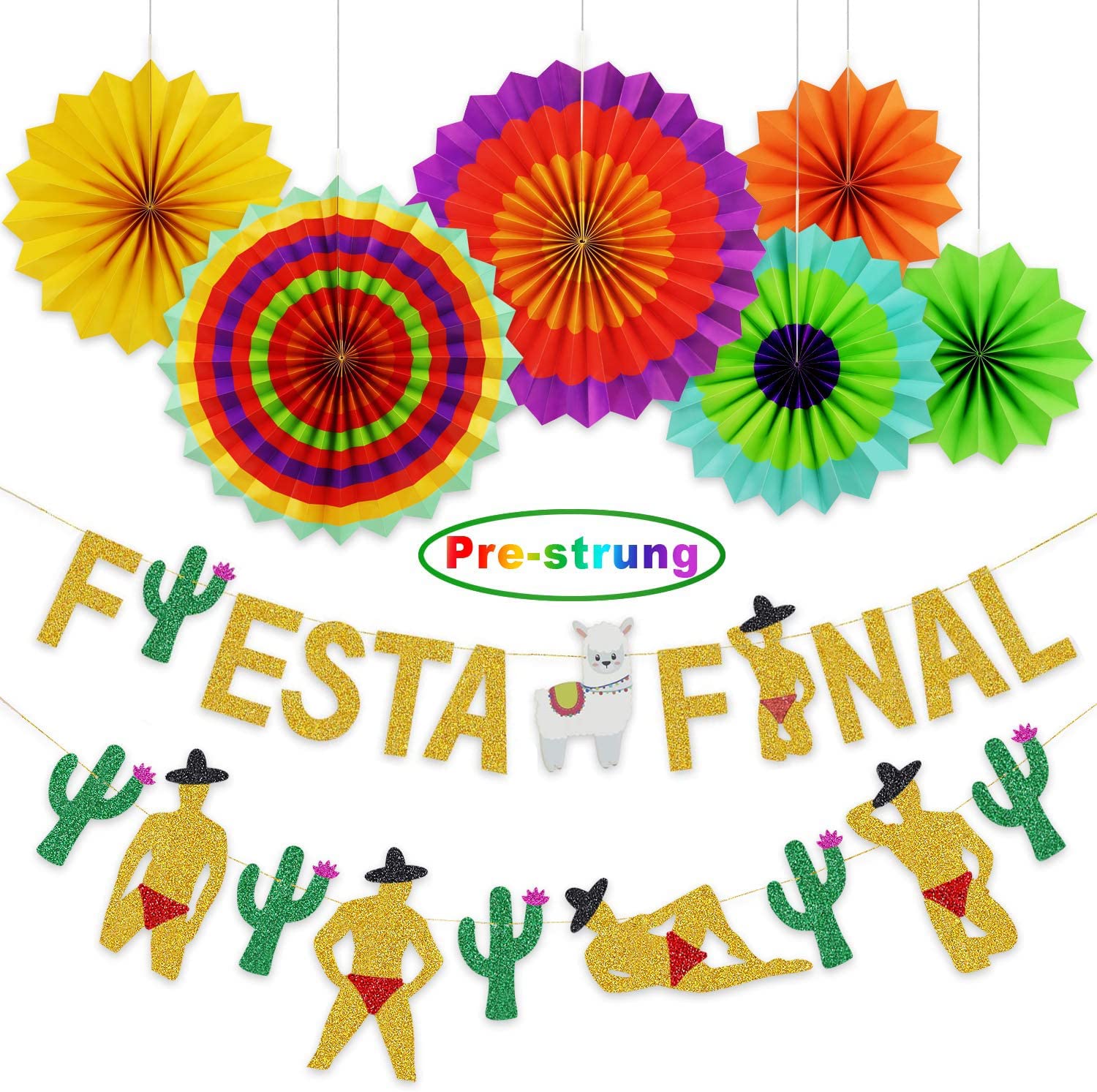 Ecore Fun Banner Mexican Fiesta Theme Party Decor Bachelorette Party Decor Supplies, include Bachelorette Party Fiesta Banner, Glittery Cactus Men Pattern Garland, Fiesta Paper Fans for Party Supplies