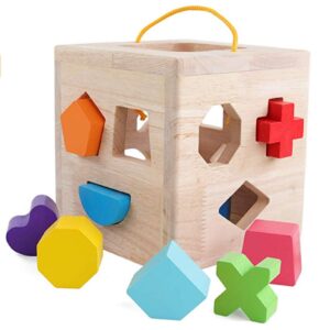 wooden shape sorter cube toy with 12 colorful wood geometric shape blocks and carrying strap sorting box classic wooden developmental learning matching gifts classic toys for toddlers baby kids age 3+