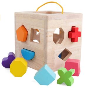 Wooden Shape Sorter Cube Toy with 12 Colorful Wood Geometric Shape Blocks and Carrying Strap Sorting Box Classic Wooden Developmental Learning Matching Gifts Classic Toys for Toddlers Baby Kids Age 3+