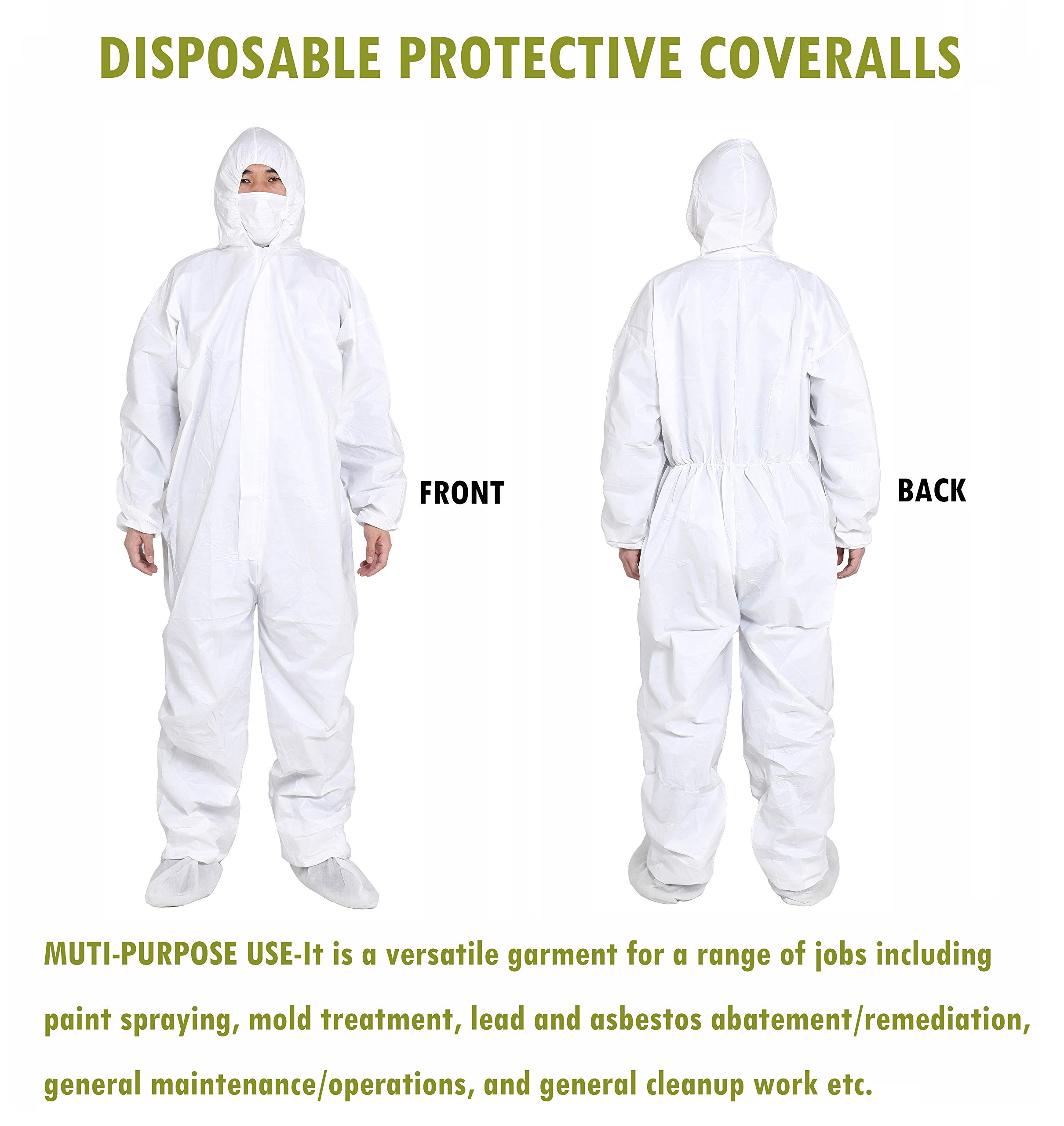 SYINE Pack of 5 Large Disposable Protective Coverall with Hood, Elastic Cuff for Spray Painting Cleaning Work,Breathable & Durable