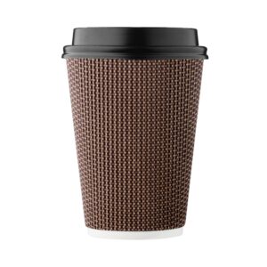 [100 set]harvest pack 12 oz disposable coffee cups, insulated ripple double-walled paper cup with lid, brown geometric, tea hot chocolate drinks to go coffee cups