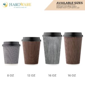 [100 SET]Harvest Pack 12 oz Disposable Coffee Cups, Insulated Ripple Double-Walled Paper Cup with Lid, Brown Geometric, Tea Hot Chocolate Drinks To go coffee cups