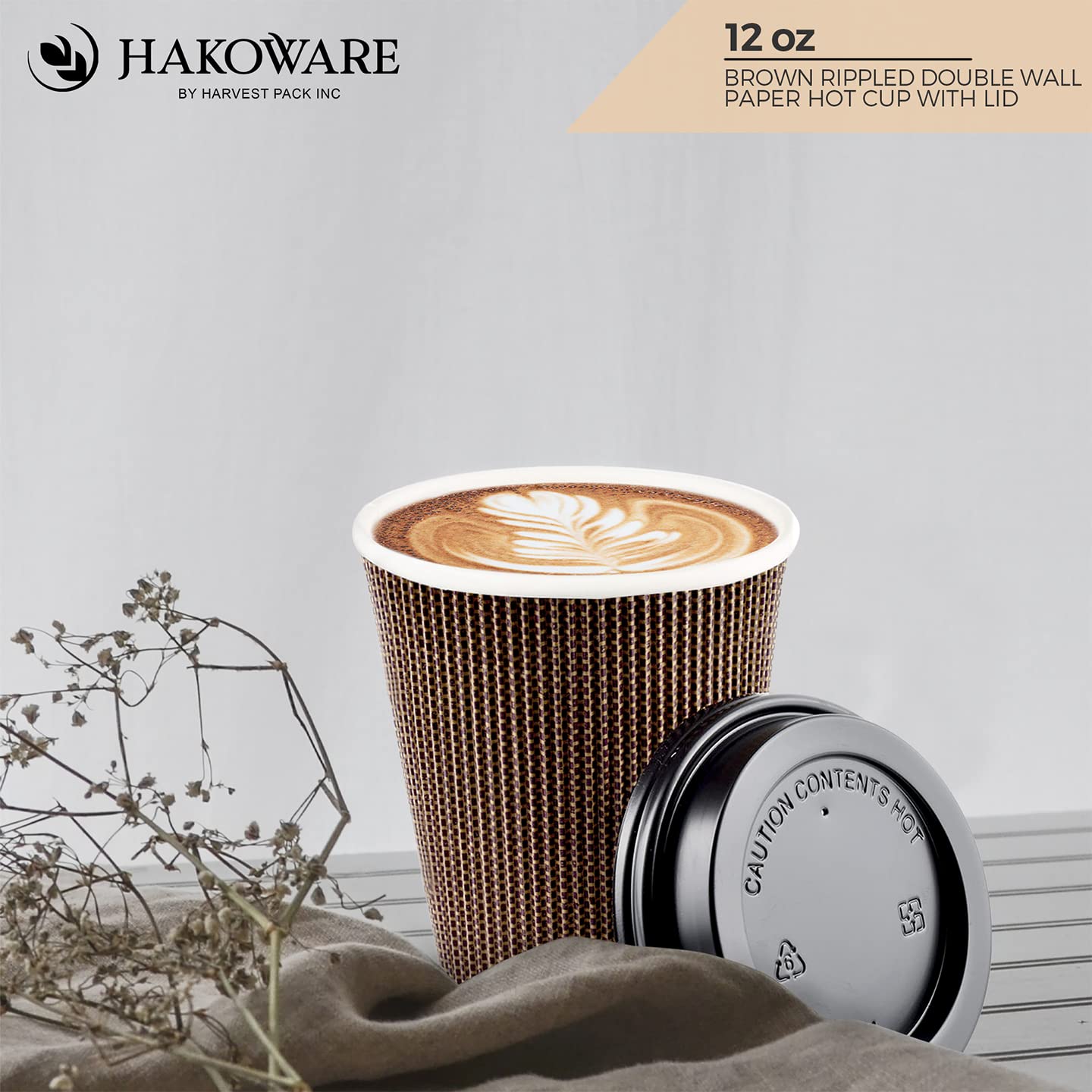 [100 SET]Harvest Pack 12 oz Disposable Coffee Cups, Insulated Ripple Double-Walled Paper Cup with Lid, Brown Geometric, Tea Hot Chocolate Drinks To go coffee cups