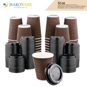 [100 SET]Harvest Pack 12 oz Disposable Coffee Cups, Insulated Ripple Double-Walled Paper Cup with Lid, Brown Geometric, Tea Hot Chocolate Drinks To go coffee cups