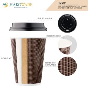 [100 SET]Harvest Pack 12 oz Disposable Coffee Cups, Insulated Ripple Double-Walled Paper Cup with Lid, Brown Geometric, Tea Hot Chocolate Drinks To go coffee cups