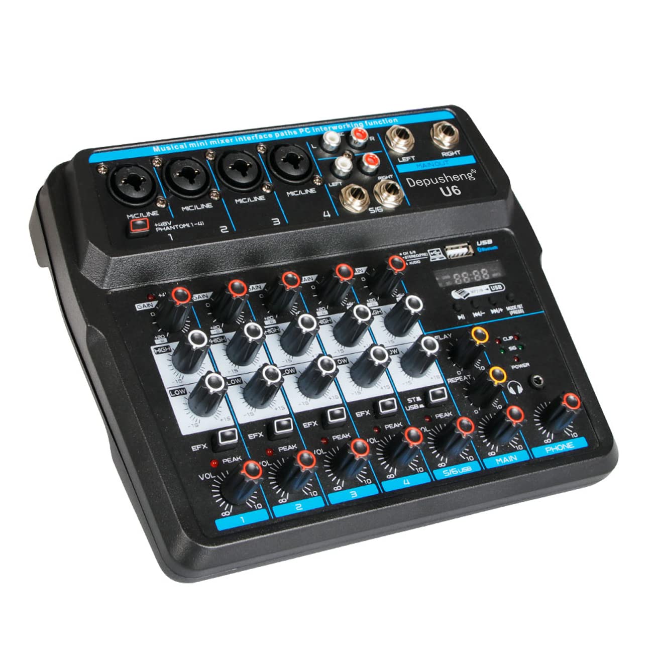 Depusheng U6 Audio Mixer 6-channel USB Audio Interface Mixer, DJ Sound Controller Interface with USB,Soundcard for PC Recording,Built-in 48V Phantom Power for Home Music Production,Live Streaming