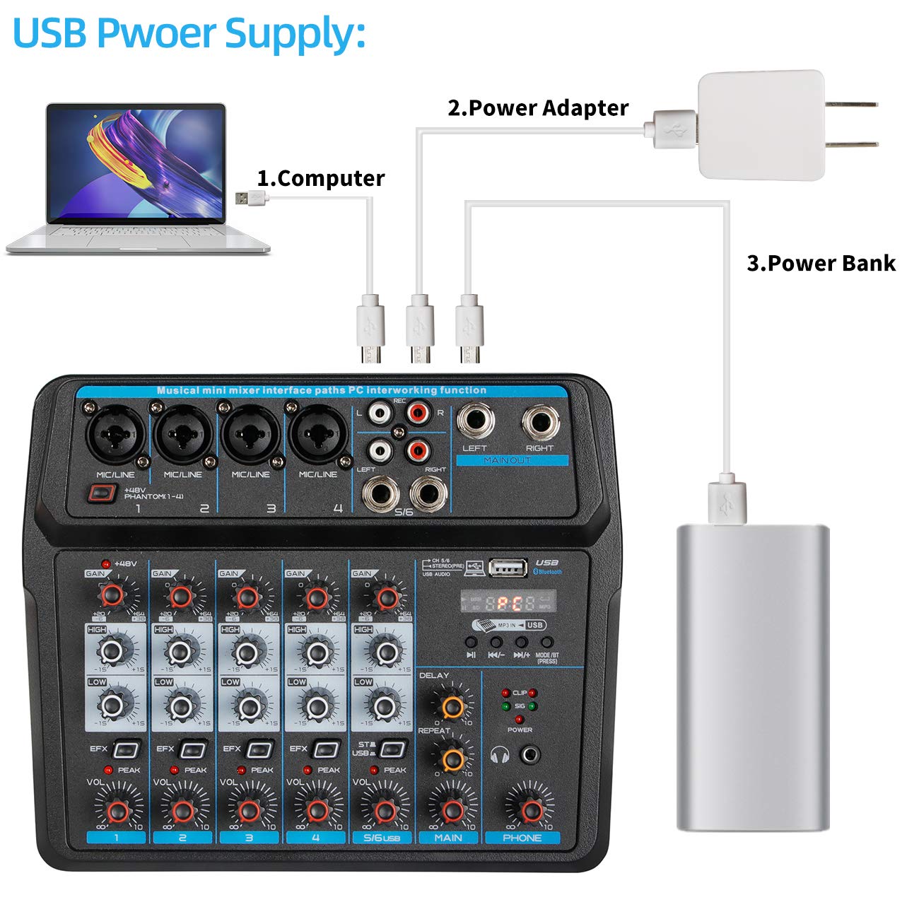 Depusheng U6 Audio Mixer 6-channel USB Audio Interface Mixer, DJ Sound Controller Interface with USB,Soundcard for PC Recording,Built-in 48V Phantom Power for Home Music Production,Live Streaming