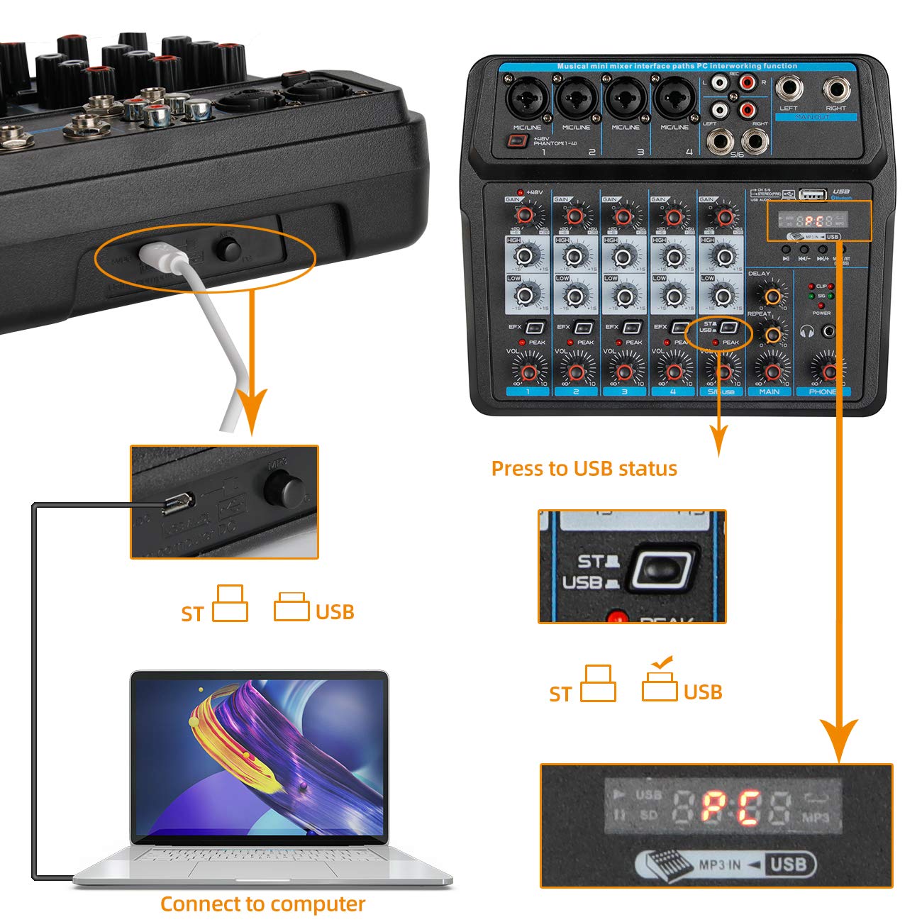 Depusheng U6 Audio Mixer 6-channel USB Audio Interface Mixer, DJ Sound Controller Interface with USB,Soundcard for PC Recording,Built-in 48V Phantom Power for Home Music Production,Live Streaming