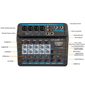 Depusheng U6 Audio Mixer 6-channel USB Audio Interface Mixer, DJ Sound Controller Interface with USB,Soundcard for PC Recording,Built-in 48V Phantom Power for Home Music Production,Live Streaming