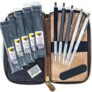 premium metal drawing mechanical pencils for sketching in leather pencil case, 2mm lead refills, kneaded eraser for artists, designers and drafting