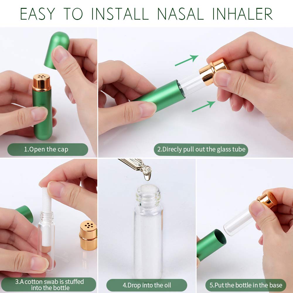 YGDZ Essential Oil Inhaler 5pcs Empty Personal Nasal Aromatherapy Inhalers Tubes Refillable Aluminum Glass Essential Oil Inhalers with 10 Cotton Wicks