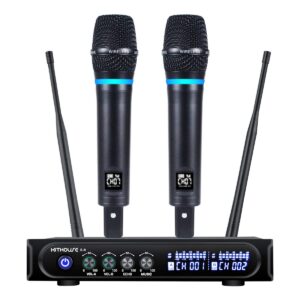 kithouse s9 uhf rechargeable wireless microphone system karaoke microphone wireless mic cordless dual with bluetooth receiver box + volume control echo for karaoke singing speech meeting church, 200ft