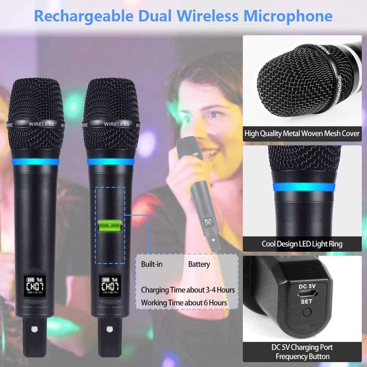 Kithouse S9 UHF Rechargeable Wireless Microphone System Karaoke Microphone Wireless Mic Cordless Dual with Bluetooth Receiver Box + Volume Control ECHO for Karaoke Singing Speech Meeting Church, 200FT