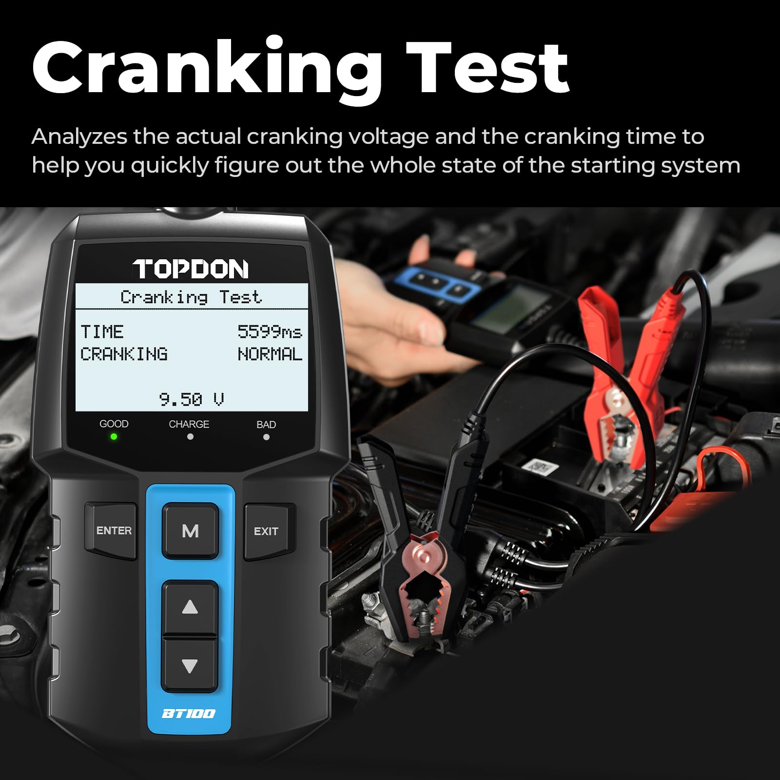 TOPDON BT100 Car Battery Tester 12V Load Tester, 100-2000 CCA Automotive Alternator Tester Digital Auto Battery Analyzer Charging Cranking System Tester for Car Truck Motorcycle ATV SUV Boat Yacht