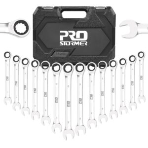 prostormer 14-piece ratcheting wrench set, 6-19mm metric chrome vanadium steel ratchet wrenches, combination ended spanner kit with storage case